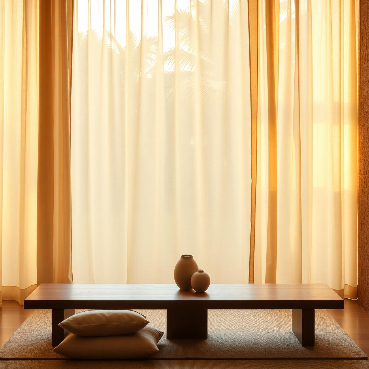 Soft tropical light through linen curtains in a Bangkok studio